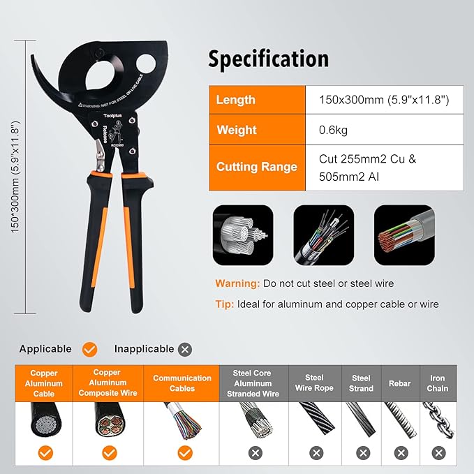 Nasop Heavy Duty Ratcheting Cable Cutter for 750MCM Copper and 1000MCM Aluminum