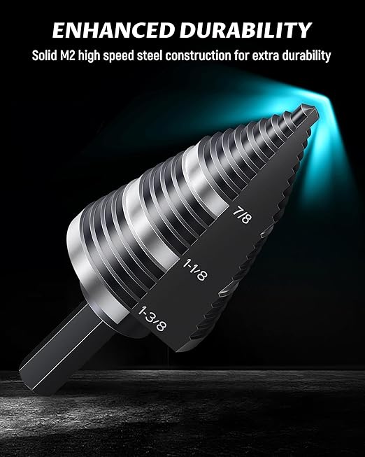 LICHAMP Double Fluted Step Drill Bit for Cutting Metal Hole 19 Sizes from 3/16 to 1-3/8 inch, Genuine High Speed Steel