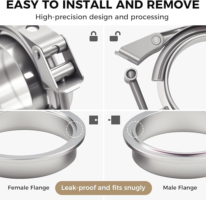 2 Pack 3 Inch V Band Clamp Kits - Quick-Release with Male/Female Flanges, 304 Stainless Steel, Leak-Resistant Interlocking Design for Exhaust, Turbo, Downpipe, Intercooler Piping (2, 3.0in)