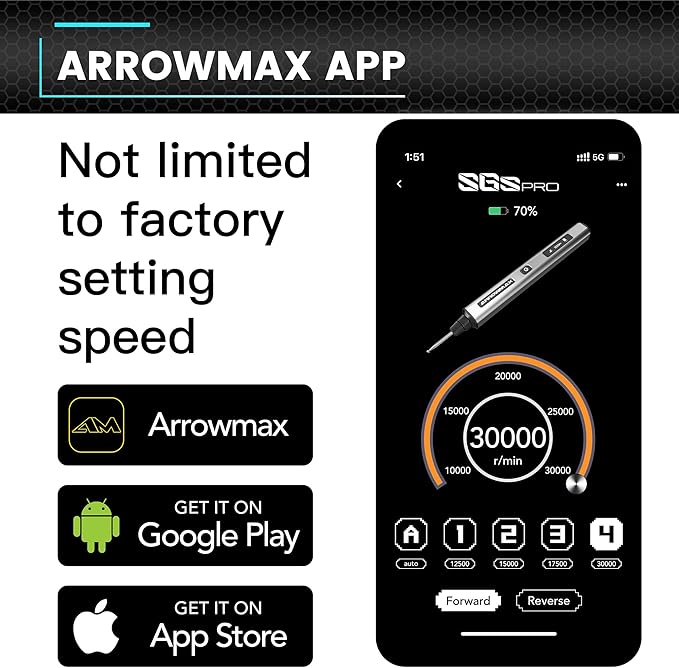 AM ARROWMAX Mini Engraving Pen with 42 Bits, Aluminum Case & Tool Bag-Smart Motion Control, APP & OLED Display, Magnetic Charger, Engraving Pen for Metal/Wood/Glass/Plastic, SGS PRO Plus (Black)