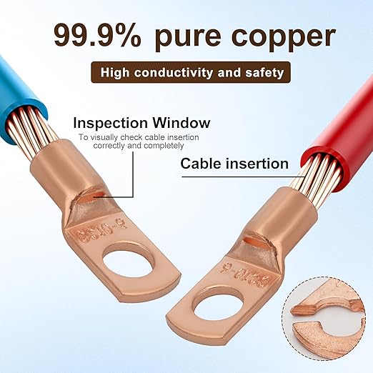 Thick Copper Electric Wire Lugs,20Pcs Bare Copper Gauge 8Awg-1/4(M6) Ring Heavy Duty Battery Cable Lugs Ends Ring Terminals Connectors with 20Pcs 3:1 Heat Shrink Tubing Assortment Kit