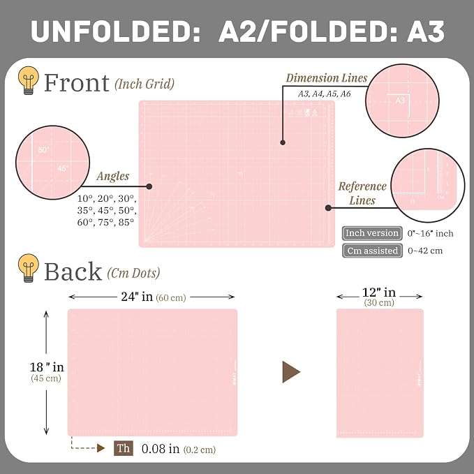 iMAT Flip Cutting Mat Note A2, Double-Sided, Rose Pink | Inch grid front - Image 2