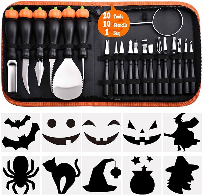 Pumpkin Carving Kit Heavy Duty Stainless Steel Tools with Carrying Case (Total 31 Pieces) Pumpkin Carver Pumpkin Sculpting Set Halloween Party Decorating Gift for Adults (Black)