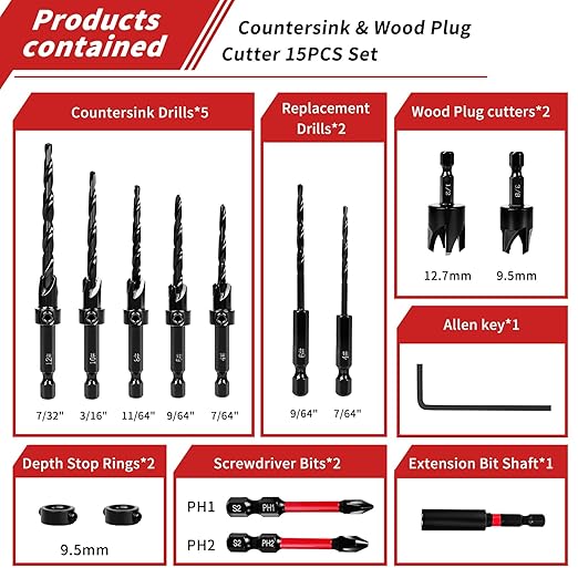 Countersink Drill Bits, 15 PCS Adjustable Tapered HSS Drill Bit Set for Woodworking, with Nitrided Surface, Wood Plug Cutters 1/4" Hex Shank Quick Change, for Wood Drilling with Storage Box