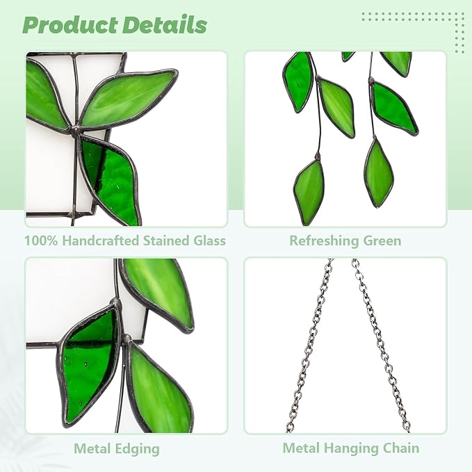 Handcrafted Real Stained Glass Window Hanging Green Plant Window Suncatcher | - Image 3