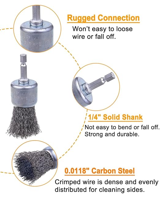 Rocaris 30 Pack Carbon Steel Wire Wheel Brush with 1/4-Inch Hex Shank, Pen Brush, for Rust Removal, Corrosion and Scrub Surfaces, 3 Sizes