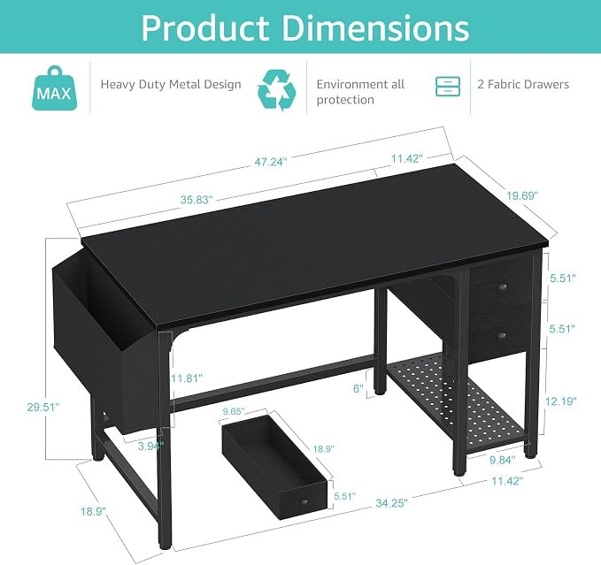 Lufeiya Gaming Desk with Fabric Drawers, 47 Inch Computer Desk - Image 3