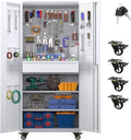 Metal Garage Storage Cabinet with Wheels and Lockable Doors, 71" H Rolling Tool Cabinet with Pegboard,Hooks and Drawer for Garage Warehouse Home,Required Assembly,Grey and White