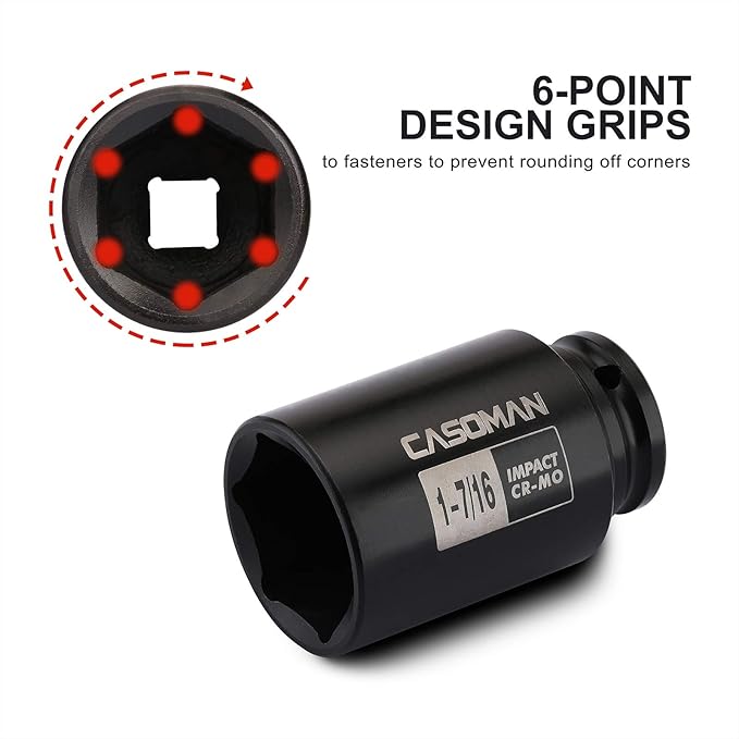 CASOMAN 6-Point 1/2-Inch Drive Deep Impact Socket- 1-7/16" (SAE), CR-MO, 1/2-inch Drive 6 Point Axle Nut Socket for Easy Removal of Axle Shaft Nuts (1-7/16")