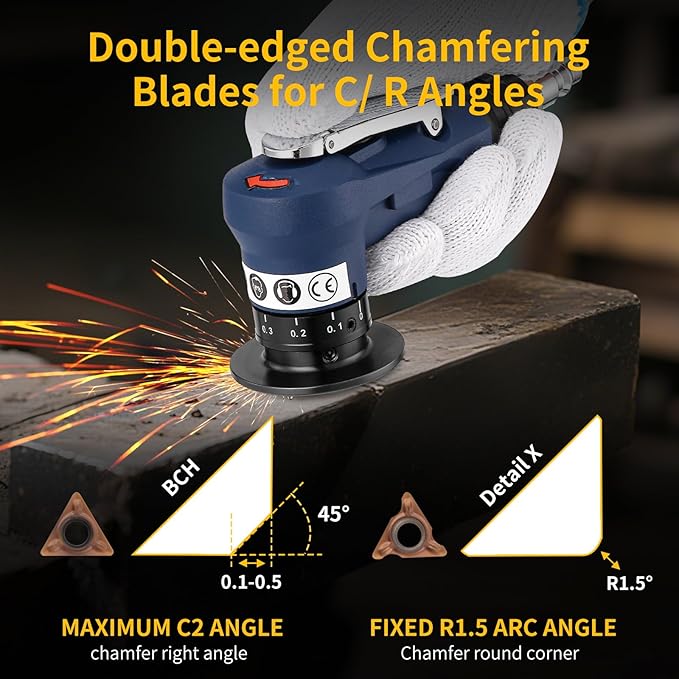 2 in 1 Pneumatic Chamfering Tool- Mini Air Chamfer Tool with Multi-Angle Chamfering Kit,45 Arc Corner Deburring Beveling Chamfer Machine for Metal, Acrylic,Woodworking (Blue)
