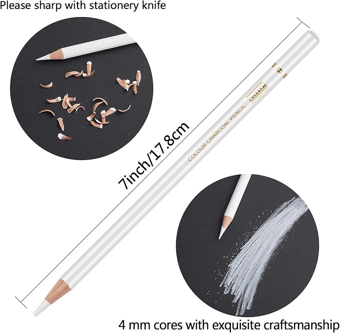 MARKART Professional White Charcoal Pencils Set, 5 Pieces Sketch Highlight - Image 3