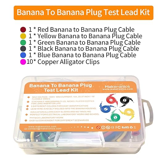 Makeronics 5pcs Banana to Banana Plug Test Lead Set for Multimeter | 4mm Stackable Banana Plug | 39.37inch / 1m length Flexible Electrical Test Wires 1000V/15A | 5 Colors (Black/Red/Green/Blue/Yellow)