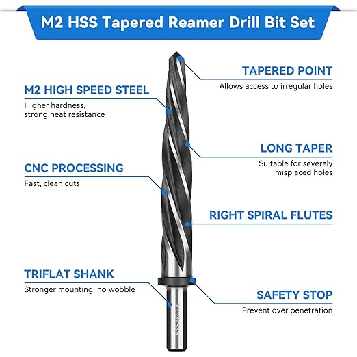 Makerfire 5PCS M2 HSS Taper Chucking Reamer Set, 3/8", 1/2", 5/8", 3/4", 13/16" Reamer Fit 1/2" Round Shank, Tapered Reamer Drill Bit for Metal, Alloy, Steel, Aluminum, Wood, Plastic