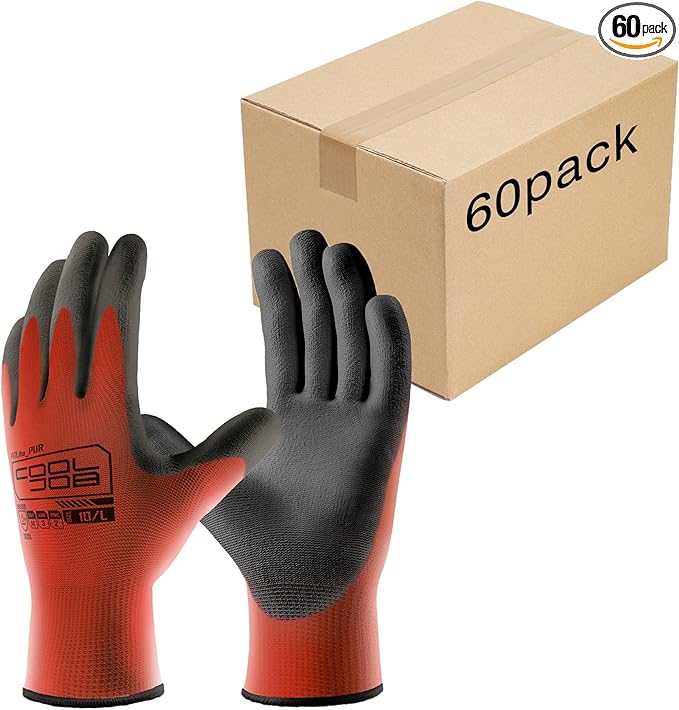 COOLJOB 60 Pairs Safety Work Gloves Pack Bulk with Grip PU Coating, 13 Gauge Seamless Knit Gloves with Polyurethane Dipped for Warehouse Working, Breathable Lightweight for Men Women, Red Xlarge