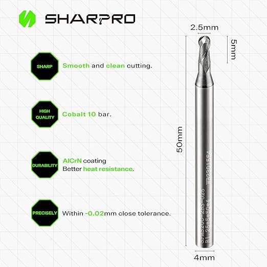 Carbide Ball Nose End Mills Set 2 Flute 4mm SHK. 2.5mm Cutting Dia. 3D Carving, High-Speed and Deep Cutting, AlCrN Coated, Apply for Alloy Steel, Stainless Steel and Various Cast Iron. (5PCS)