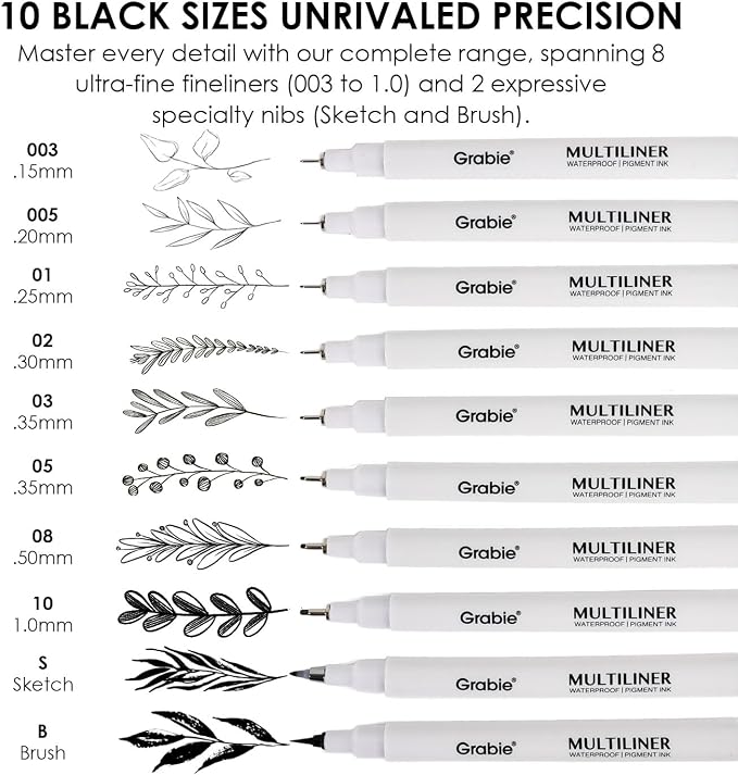 Grabie Micro Fineliner Pens, 10 Black Fine Line Waterproof Drawing Pens - Image 2