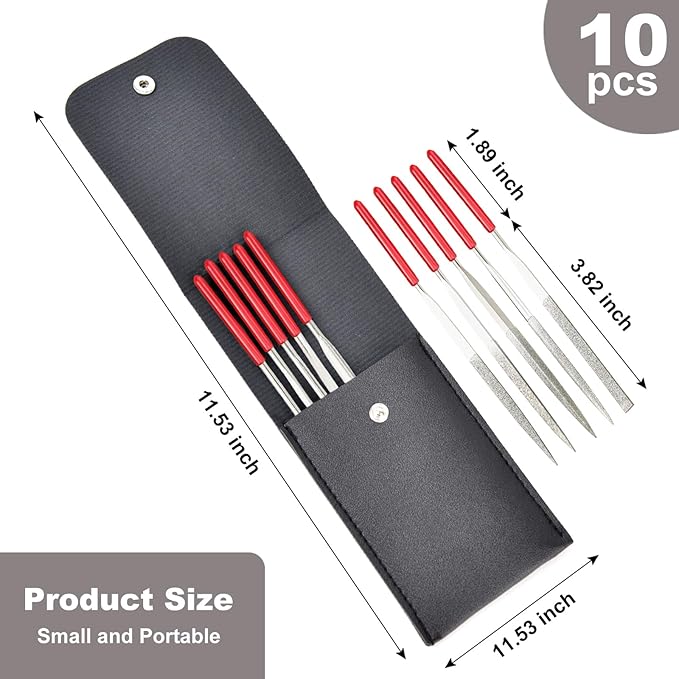 10pcs Mini Diamond Needle Files,Packed in Synthetic Leather Case,for high Precision Sanding Work on Wood,Plastic,Metal and Jewelry Carving