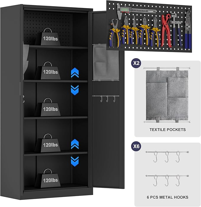 Big Metal Garage Storage Cabinet with Locking Doors, Lockable Heavy Duty Metal Tool Cabinet with Pegboard, Metal Utility Cabinet for Home, Office, Garage and Workshop, Black