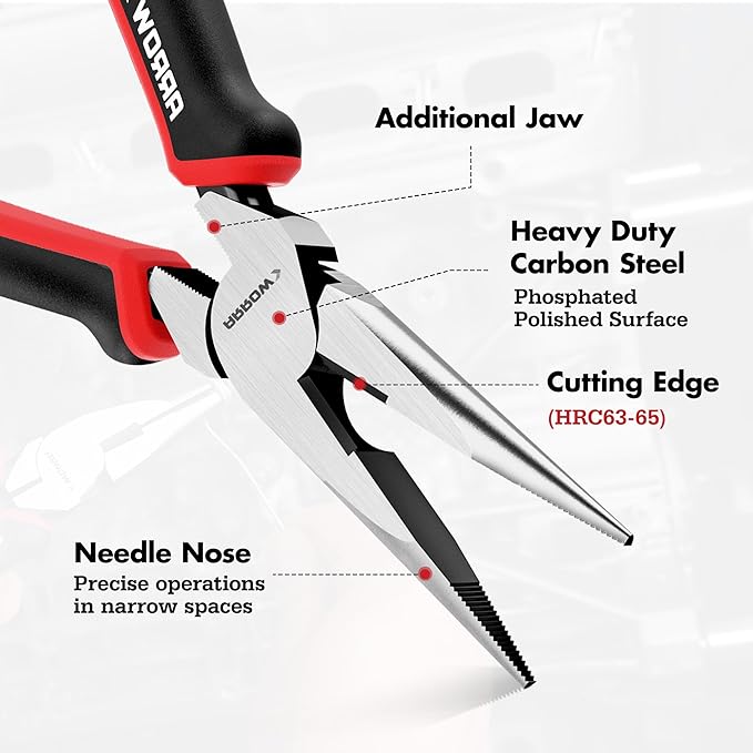ARROW Needle Nose Pliers, 8-inch Long Nose Cutting Pliers with Wire Cutter, Comfortable TPR Handle, High Carbon Steel, High Leverage Diagonal Design