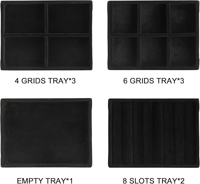 Frebeauty Small Jewelry Tray Set,Stackable Velvet Jewelry Organizer Tray,Mini Jewelry Drawer Organizer,Drawer Inserts,4.92 x 3.74 x 0.9 Inches,Earring Organizer for Women(Set 9,Black)