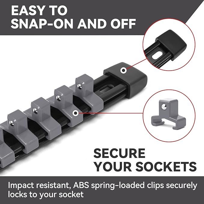 ALOANES 9PC ABS Socket Organizer, 1/2 inch, 3/8 inch and 1/4 inch Drive Socket Rail Holders, Heavy Duty Socket Racks, Black Rails with Gray Clips
