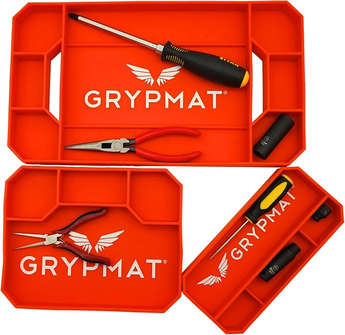 Grypmat Plus Grip Mat for Mechanics - Non-Slip Flexible Silicone Tool Tray - Tool Organizer for Tool Box - Magnetic-Free, Easy-to-Clean Tool Mat - TRIO Small, Medium & Large, Orange