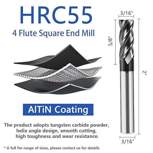 3/16" Carbide End Mill Bits Set for Alloy & Hardened Steels - Hrc55 Micro Grain, 4-Flute Milling Cutter with AlTiN Coating, CNC Router Bits, High-Performance Milling Bits