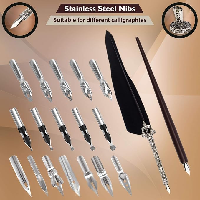 Calligraphy Set for Beginners, Wooden Dip Pen, Feather Quill, 19 Nibs, Ink Set - Image 3