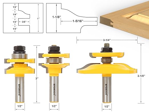 YONICO Raised Panel Cabinet Door Rail and Stile Router Bits Set 3 Bit Ogee 1/2-Inch Shank 12345