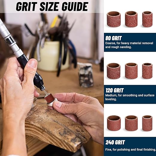 300Pcs Sanding Drums Kit – 80/120/240 Grit Sanding Bands with 24 Drum Mandrels, 2 Self-Tightening Drill Chucks & 1 Wrench – Tool Accessories Sanding Drum Bits for Rotary Tool