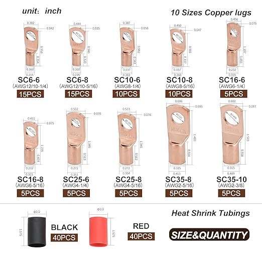 Thickened Copper Lugs，Electric Wire Lugs，AWG2 4 6 8 10 12Gauge，80Pcs Heavy Duty Battery Cable Lugs Ends Ring Terminal Connectors，80Pcs 3:1 Heat Shrink Tubing Assortment Kit Set（160pcs）