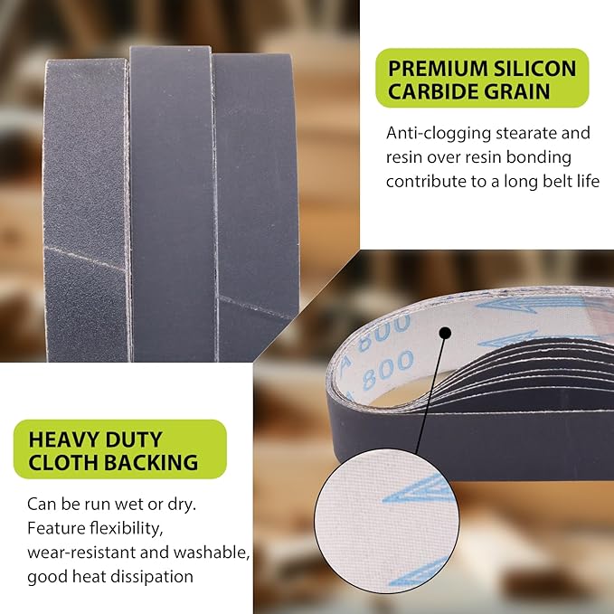 Taokyid 18 Pack 1-1/2 x 30 Inch Sanding Belts, 1.5 x 30 Silicon Carbide Sanding Belts, 3 Each of 120 240 400 600 800 1000 Grits Sander Belts for Knife Sharpening and Metalworking