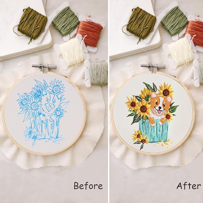 COCOMOX 3 Sets Embroidery Kit for Beginners, Dog Flower Pattern Embroidery - Image 2