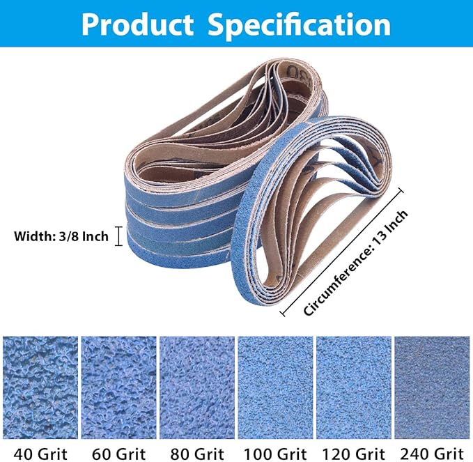 36 Pcs 3/8 x 13 Inch Zirconia Sanding Belts, 3/8 Inch x 13 Inch Belt Sander Paper, 6 Each of 40/60/80/100/120/240 Grits Belt Sander Sanding Belts for Metal