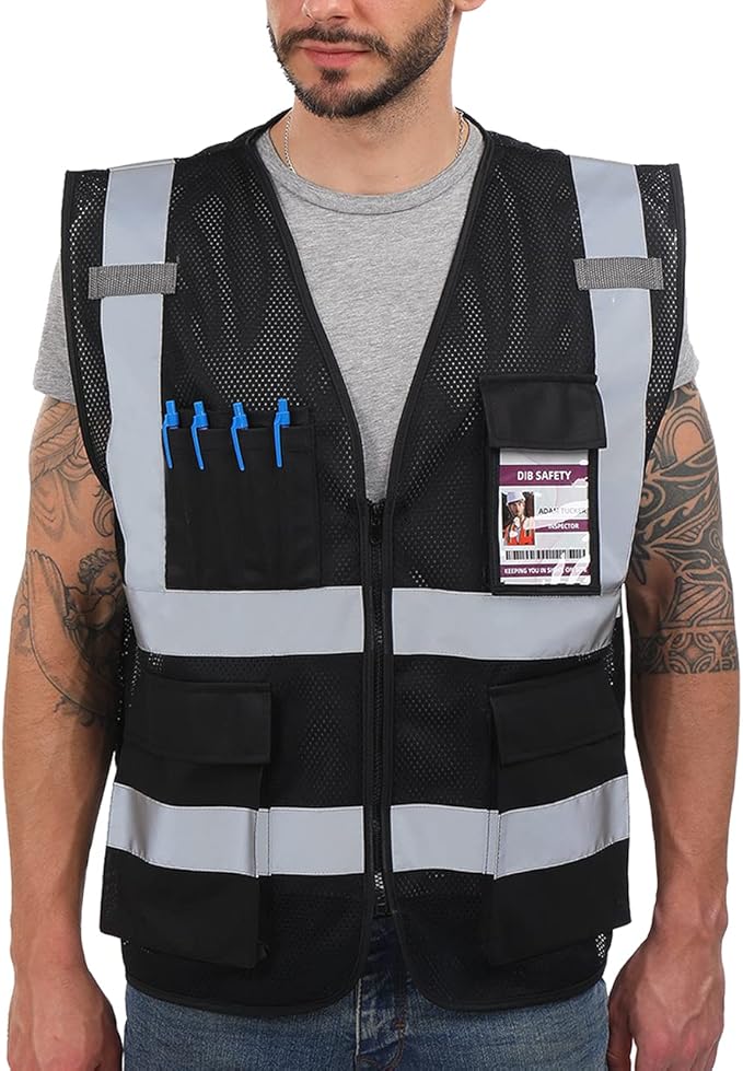 Dib Safety Reflective Mesh Vest High Visibility with Pockets and Zipper, Black Mesh S