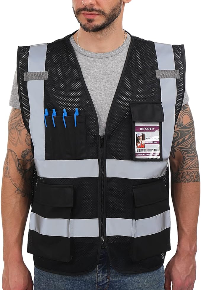 Dib Safety Reflective Mesh Vest High Visibility with Pockets and Zipper, Black Mesh L