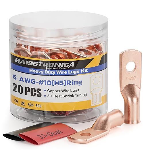 haisstronica 10pcs 6 AWG - #10 Battery Cable Lugs, Heavy Duty Copper Wire Lugs with 10pcs 3:1 Adhesive Heat Shrink Tubing, 6 Gauge Wire Connectors Battery Terminal Connectors, Battery Cable Ends