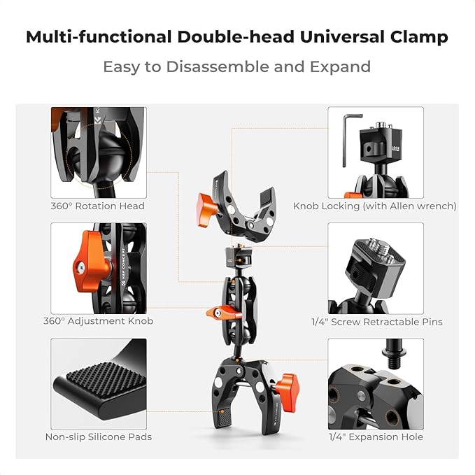 K&F Concept Double Super Clamp Mount, Camera Clamp Mount with 1/4" Threads Metal Clamp for Chair, Pole, Tripod, Desk, Photography Reflector, Flag, Umbrella, Motorcycle Mount