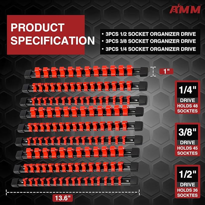 AMM 9-Piece Socket Organizer, 1/2 inch, 3/8 inch and 1/4 inch Drive ABS Tools-Red Socket Holder,Heavy Duty Socket Racks, Premium Quality Socket Clip Rail Holder,The best tool trays in the garage