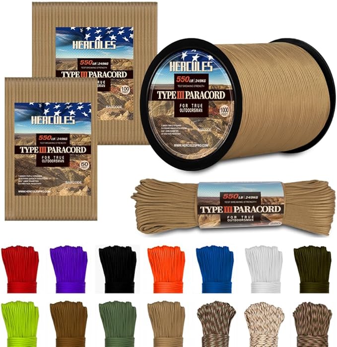 HERCULES Type III Paracord 550 Paracord Rope Parachute Cord, 50' Desert Tan for Camping Cord, Survival Rope