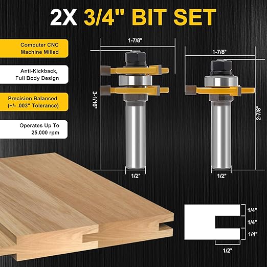 3 Edge T Joint Router Bit, Lock Miter Woodworking Bit for Cabinet, Rabbeting & Tongue & Groove (Router Bit-1/2 Inch -3 Edged T-Shaped)