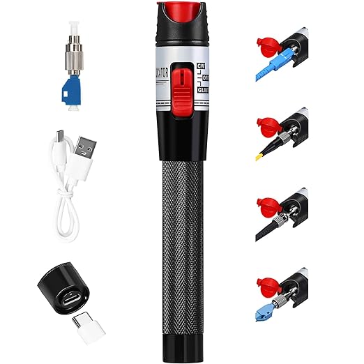 Rechargeable Visual Fault Locator 50KM VFL Fiber Optic Tester Suitable for SC/FC/ST 2.5mm Interface LC 1.25mm Interface Belt 1 FC-LC Single Mode 9/125um Adapter of Fiber Optic Network Cable Test Pen