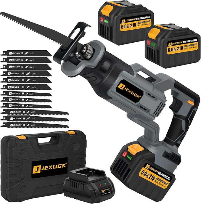 Brushless Reciprocating Saw, 21V Cordless saw saw with 2 x 6.0Ah battery, Electric Portable Sierra Recíproca with 12 Blades & LED Light, 0-3500 SPM Professional Sawsall for Wood, Metal, PVC