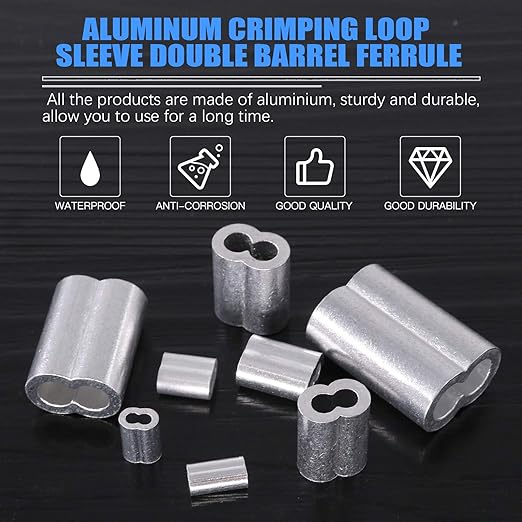 Glarks 200Pcs 1/16''(1.5mm) Aluminum Crimping Loop Sleeve Wire Rope Sleeves Double Barrel Ferrule for Wire Rope and Cable Line End (1/16''-200Pcs)
