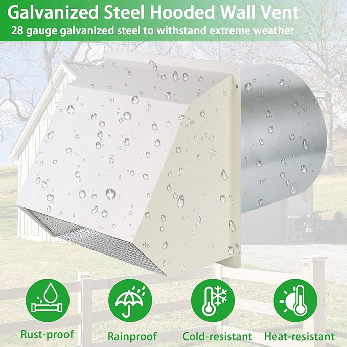 6 Inch Hooded Wall Vent with Screen and Damper,Wall Exhaust Vent Cover Cap,Dryer Vent Cover Outside,External Extractor Wall Vent Hood for House Kitchen Range Hood Air Ventilation,Galvanized Steel,Whit