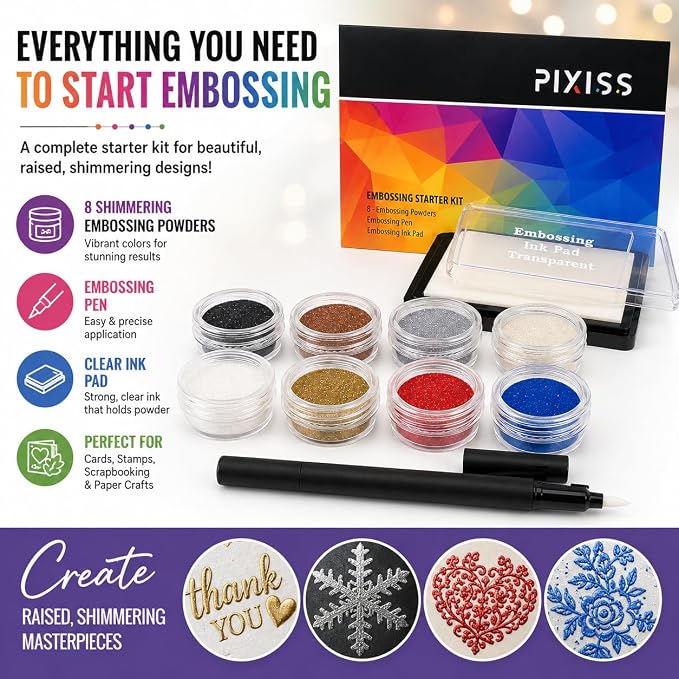 Embossing Kit, Embossing Ink Pad, 8X 10ml Embossing Powders - Image 2