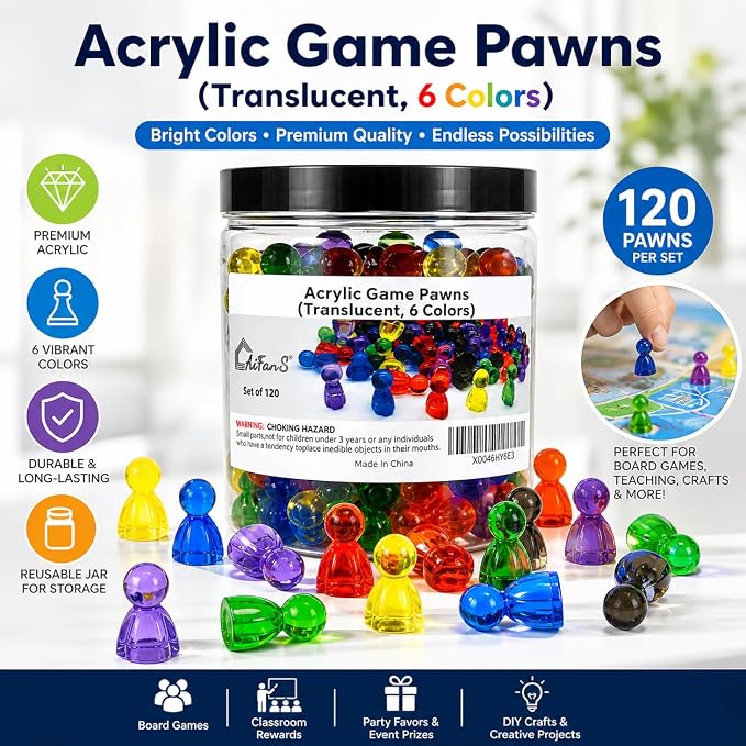 Game Pawns, 120 Pieces, 6 Colors, Translucent Game Pieces | Plastic Tokens - Image 2