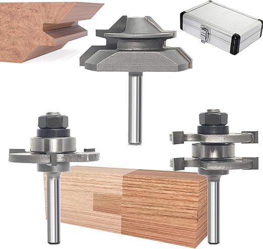 3Pc Tongue and Groove Router Bit Set 1/4 Shank,45 Degree Lock Miter Bit,3 Teeth T Shape Glue Joint Cutter,in Aluminum Case for Wood Cabinet Door/Board Tabletops/Strip Flooring Making