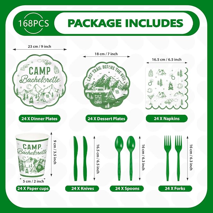 168Pcs Camp Bachelorette Party Decorations Serves 24 | Scalloped Mountain Camp - Image 2