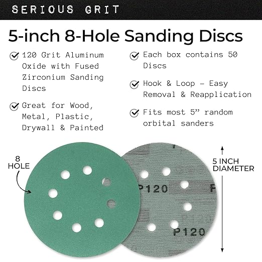 Sanding Discs 5 Inch 8 Hole 150 Grit - Heavy-Duty Hook & Loop Wet Dry Film Sandpaper Discs - Very Fine Sand Paper for Random Orbital Sanders - Wood, Automotive, Metal, etc - 50 Pack Box